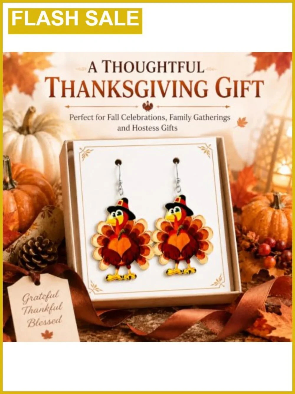 Turkey Dangle Earrings Acrylic Thanksgiving Fall Harvest French Wire